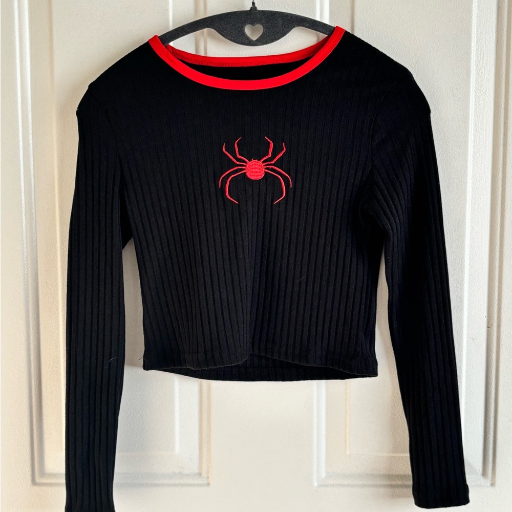 Black Long Sleeve Top with Red Spider Design